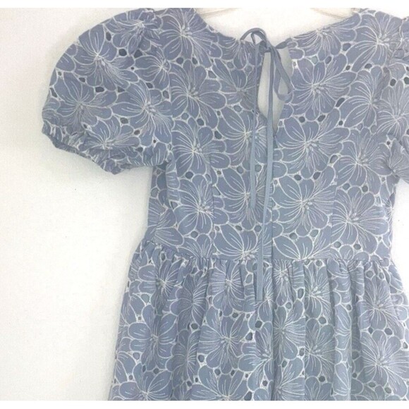 BRIGHT THE LABEL S 100% Cotton Embroidered Eyelet Blue Fit & Flare Dress Lace - Picture 3 of 6